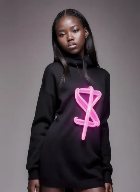 photo of sks woman doing a modelshoot, modelshoot style, wearing black pullover with pink neon letters, posing for the camera, Sharp, 8k, <lyco:adutAkech2:1.3>