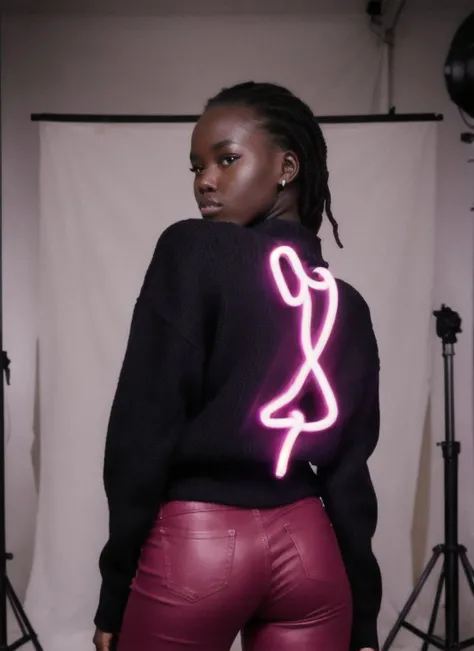 photo of sks woman doing a modelshoot, modelshoot style, wearing black pullover with pink neon letters, posing for the camera, Sharp, 8k, <lyco:adutAkech:1.3>