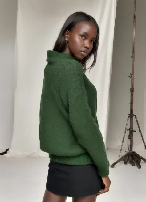 a photo of sks woman doing a modelshoot, modelshoot style, wearing green pullover, posing for the camera, Sharp, 8k, <lyco:adutAkech2:1.3>