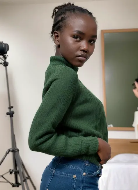 a photo of sks woman doing a modelshoot, modelshoot style, wearing green pullover, posing for the camera, Sharp, 8k, <lyco:adutAkech:1.3>