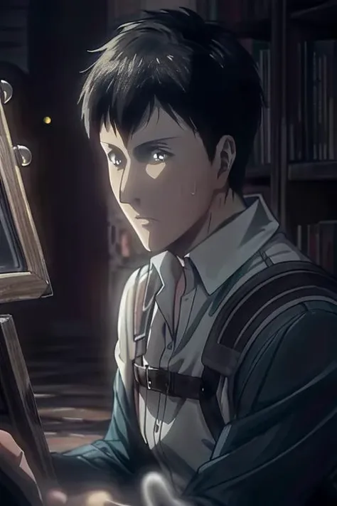 masterpiece,((bestquality)),8k,high detailed,ultra-detailed,depth of field,wide angle,volumetric lighting,Soft illuminaotion,front lighting,top-down view,
1boy,<lora:Bertolt_Lora:1>,bertolt,adult,serious,global illuminations,glowing neon lights,looking at mirror,
male focus,solo,standing,handsome face,<lora:add_detail:1>,library,cheek-to-cheek,