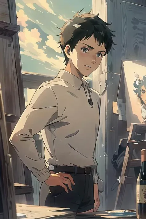 ((masterpiece)),(illustration),best quality,delicate details,refined rendering,((Menga style)),(((Toon style))),(portrait:1.41),8k,toon style,((Japan anime)),1boy,male focus,solo,handsome,Stylish Pose,portrait,thick eyebrows,black eyes,solid eyes,model,tall,thin,slim asian boy,Wool sweater,Shorts,Naughty Face,Seductive Smile,cinematic lighting,volumetric lighting,<lora:Bertolt_Lora_V2:1>,