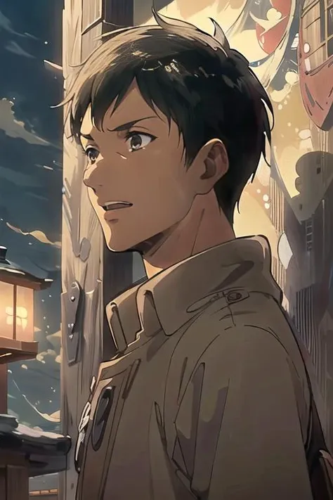 ((masterpiece)),(illustration),best quality,delicate details,refined rendering,((Menga style)),(((Toon style))),(portrait:1.41),8k,toon style,((Japan anime)),1boy,male focus,solo,handsome,Stylish Pose,portrait,thick eyebrows,black eyes,solid eyes,model,tall,thin,slim asian boy,Camel coat,Casual pants,Laughing,Happy New Year,cinematic lighting,volumetric lighting,<lora:Bertolt_Lora_V2:1>,