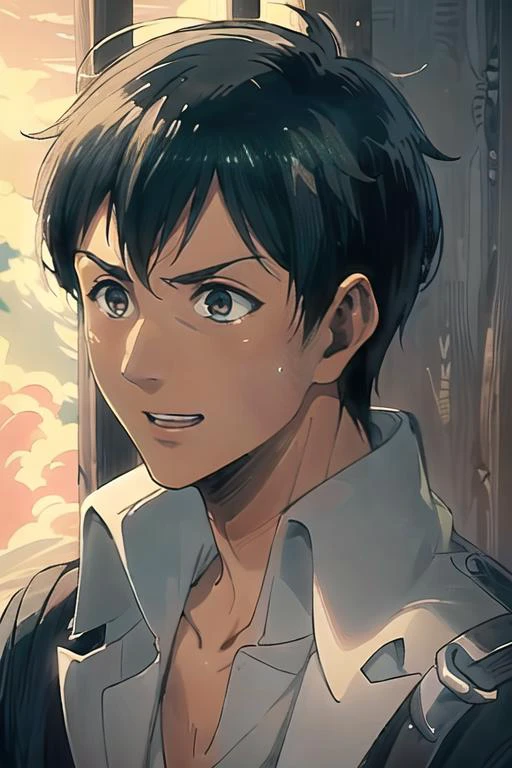 ((masterpiece)),(illustration),best quality,delicate details,refined rendering,((Menga style)),(((Toon style))),(portrait:1.41),8k,toon style,((Japan anime)),1boy,male focus,solo,handsome,Stylish Pose,portrait,thick eyebrows,black eyes,solid eyes,model,tall,thin,slim asian boy,Double-breasted coat,Boardshorts,Happy,Laughing,cinematic lighting,volumetric lighting,<lora:Bertolt_Lora_V2:1>,