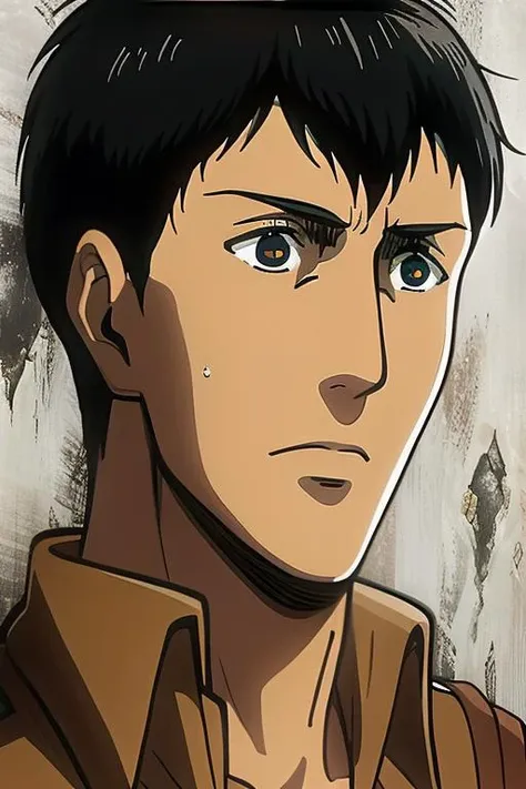 ((masterpiece)),(illustration),best quality,delicate details,refined rendering,Anime style,((Guido Daniele)),comic,((Japan Anime style)),((Menga style)),(((Toon style))),1boy,solo,Bertolt,male focus,handsome face,real skin texture,well-proportioned hands,good shape legs,black eyes,solid eyes,thick eyebrows,cinematic lighting,Soft illuminaotion,<lora:Bertolt_Lora V5:0.85>,shingeki no kyojin,attack on titan style,portrait,