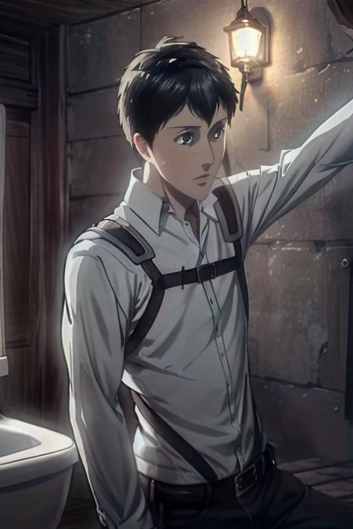 masterpiece,((bestquality)),8k,high detailed,ultra-detailed,depth of field,wide angle,volumetric lighting,Soft illuminaotion,front lighting,high-angle view,
1boy,<lora:Bertolt_Lora:1>,bertolt,adult,blush,global illuminations,available light,visible through hair,
male focus,solo,on stomach,handsome face,<lora:add_detail:1>,toilet stall,waving,