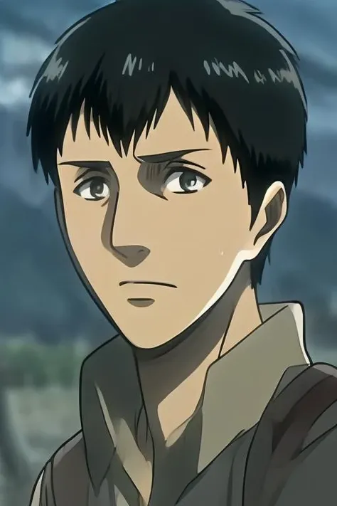 ((masterpiece)),(illustration),best quality,delicate details,refined rendering,Anime style,((Guido Daniele)),comic,((Japan Anime style)),((Menga style)),(((Toon style))),1boy,solo,Bertolt,male focus,handsome face,real skin texture,well-proportioned hands,good shape legs,black eyes,solid eyes,thick eyebrows,cinematic lighting,Soft illuminaotion,<lora:Bertolt_Lora V5:0.85>,shingeki no kyojin,attack on titan style,portrait,Sweat,Smug,<lora:LCM-SD1.5:1>,