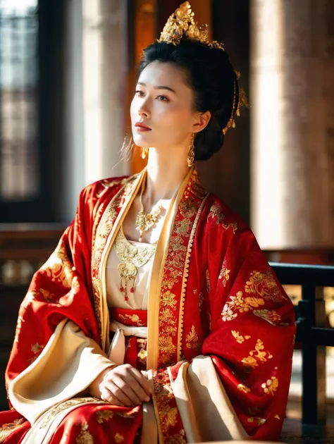 cinematic photo a beautiful girl, wearing a gorgeous red and gold szhf dress, wide sleeve,beizi,sitting in a gilded palace, the beautiful afternoon sunlight reflecting on her delicate face, she feels sadness and lonely <lora:szhf:0.8> . 35mm photograph, film, bokeh, professional, 4k, highly detailed