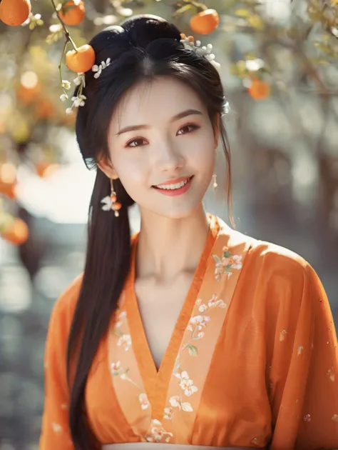 cinematic photo A beautiful girl,sweet smile,orange,spring, beautiful sunshine, pretty light, beautiful face,highly detailed,szhf dress <lora:szhf:0.8> . 35mm photograph, film, bokeh, professional, 4k, highly detailed