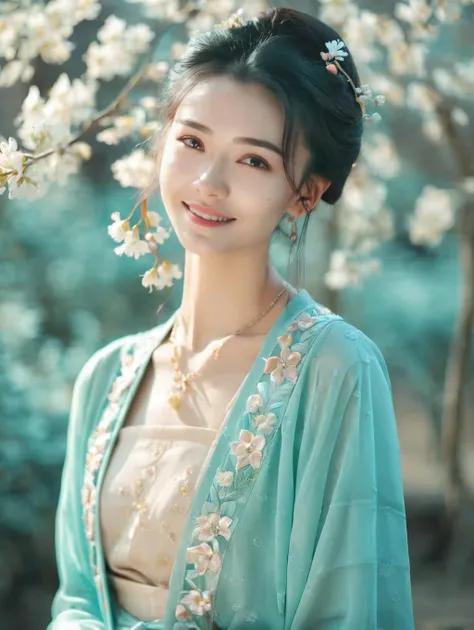 cinematic photo A beautiful girl,sweet smile,light cyan,spring, beautiful sunshine, pretty light, beautiful face,highly detailed,szhf dress <lora:szhf:0.8> . 35mm photograph, film, bokeh, professional, 4k, highly detailed