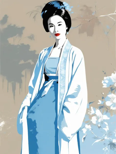 Vintage Print Design (White background:1.2)、Upper Body、Retro silhouette drawing of a Japanese female model、Dynamic pose、Colored ink pop art black background、delicate、filigrams、Centered、Intricate details、Illustration Style、Katsushika Hokusai Style、Traditional Chinese ink sketch