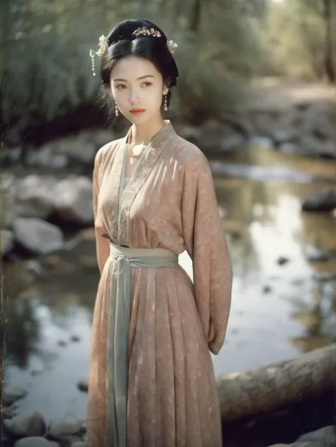 analog film photo A beautiful girl,a creek,light smile,watching with deep affection, beautiful face,beautiful eyes, szhf dress,slim,full body <lora:szhf:0.8> . faded film, desaturated, 35mm photo, grainy, vignette, vintage, Kodachrome, Lomography, stained, highly detailed, found footage
