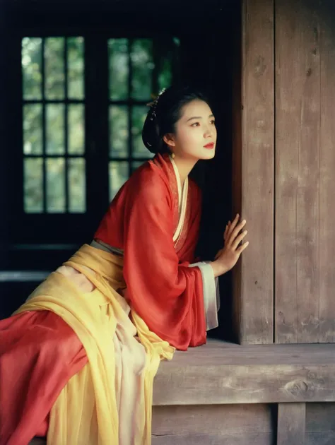 analog film photo A beautiful girl is sitting by a wooden window,she is looking up,indoor,nightfall,the light of dusk shone on her face,solo,lonely,beautiful face,beautiful eyes,szhf dress,red wide sleeve,yellow shawl,strong contrast between light and shadow<lora:szhf:0.8> . faded film, desaturated, 35mm photo, grainy, vignette, vintage, Kodachrome, Lomography, stained, highly detailed, found footage