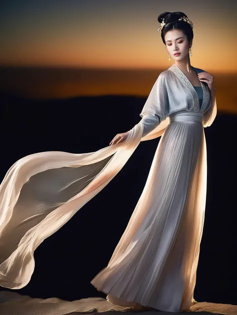 cinematic film still profile portrait of a beautiful girl in sliver tulle szhf dress, shawl,long hair,tulle pleated skirt, detailed long tulle skirt, delicate face,high nose bridge, full body,beautiful light and shadow, intricate details,wind,beautiful dark night,a moon<lora:szhf:0.8> . shallow depth of field, vignette, highly detailed, high budget Hollywood movie, bokeh, cinemascope, moody, epic, gorgeous, film grain, grainy