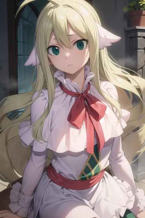mavis, <lyco:mavis-lyco-nochekaiser:1>,
mavis, long hair, blonde hair, (green eyes:1.5), ahoge, wavy hair, animal ears,
BREAK dress, white dress, collar, ribbon, red ribbon, capelet, long sleeves,
BREAK looking at viewer,
BREAK indoors,
BREAK <lyco:GoodHands-beta2:1>, (masterpiece:1.2), best quality, high resolution, unity 8k wallpaper, (illustration:0.8), (beautiful detailed eyes:1.6), extremely detailed face, perfect lighting, extremely detailed CG, (perfect hands, perfect anatomy),