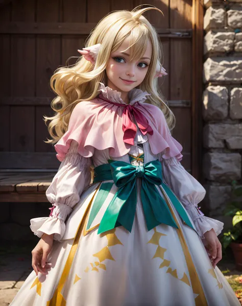 Russian, , Portrait , Long blonde hair and bow,Layered skirt,Noble,opulent,cropped shoulders,Lace,red colour,Pink big breasts,blue colors