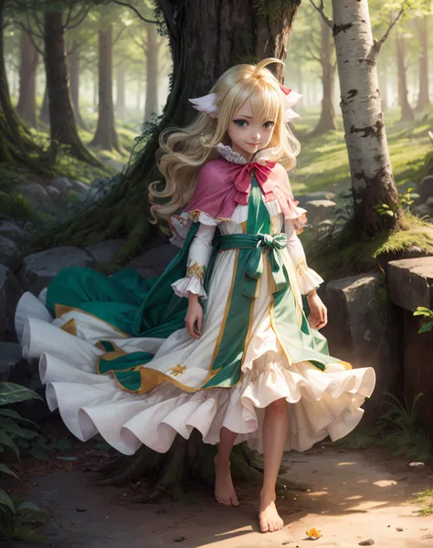 (masterpiece, top quality, best quality, official art, beautiful and aesthetic:1.4,photorealistic:1.5), cute:1.4, <lora:more_details:0.5>, solo, sweet, short, small, forest, flowers, cherry blossoms, full body shot,
<lyco:mavis-lyco-nochekaiser:1>, mavis, long hair, blonde hair, (green eyes:1.5), ahoge, wavy hair, animal ears, white dress, collar, ribbon, red ribbon, capelet, long sleeves, stare, angel wings instead of ears, knowing smile, secret aura, magi aura, barefoot,
wind, strong wind, windy hair, standing, <lora:squeezerExperimental_:0.25>