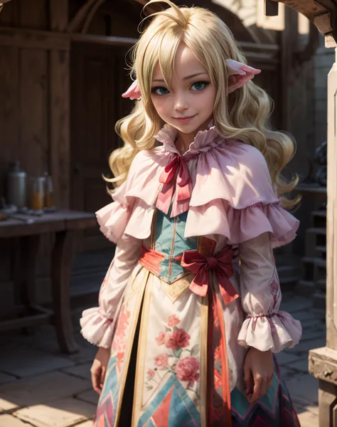 (masterpiece, top quality, best quality, official art, beautiful and aesthetic:1.4,photorealistic:1.5), cute:1.4, <lora:more_details:0.5>, solo, sweet, short, small,
<lyco:mavis-lyco-nochekaiser:1>, mavis, long hair, blonde hair, (green eyes:1.5), ahoge, wavy hair, animal ears, white dress, collar, ribbon, red ribbon, capelet, long sleeves, stare, angel wings instead of ears,<lora:squeezerExperimental_:0.15>, hehe, evil smile,cowboy shot,