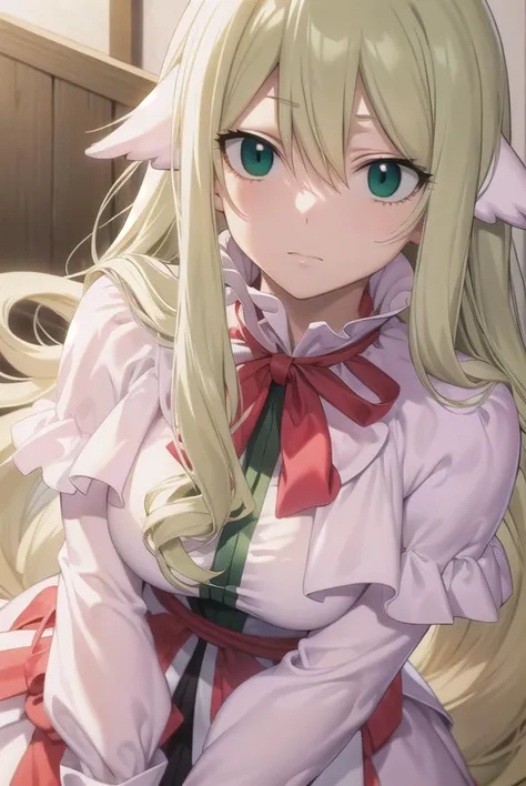 mavis, <lyco:mavis-lyco-nochekaiser:1>,
mavis, long hair, blonde hair, (green eyes:1.5), ahoge, wavy hair, animal ears,
BREAK dress, white dress, collar, ribbon, red ribbon, capelet, long sleeves,
BREAK looking at viewer,
BREAK indoors,
BREAK <lyco:GoodHands-beta2:1>, (masterpiece:1.2), best quality, high resolution, unity 8k wallpaper, (illustration:0.8), (beautiful detailed eyes:1.6), extremely detailed face, perfect lighting, extremely detailed CG, (perfect hands, perfect anatomy),
