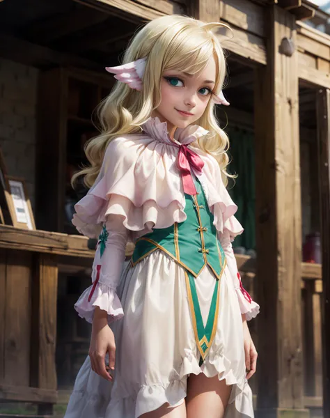 (masterpiece, top quality, best quality, official art, beautiful and aesthetic:1.4,photorealistic:1.5),  cute:1.4,  <lora:more_details:0.5>, solo, sweet, short, small,
<lyco:mavis-lyco-nochekaiser:1>, mavis, long hair, blonde hair, (green eyes:1.5), ahoge, wavy hair, animal ears,  white dress, collar, ribbon, red ribbon, capelet, long sleeves, stare, angel wings instead of ears,<lora:squeezerExperimental_:0.15>, hehe, evil smile,cowboy shot,