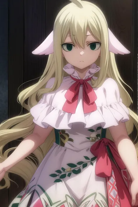 mavis, <lyco:mavisv2-lyco-nochekaiser:1>,
mavis, long hair, blonde hair, (green eyes:1.5), ahoge, wavy hair, animal ears,
BREAK dress, white dress, collar, ribbon, red ribbon, capelet, long sleeves,
BREAK looking at viewer,
BREAK indoors,
BREAK <lyco:GoodHands-beta2:1>, (masterpiece:1.2), best quality, high resolution, unity 8k wallpaper, (illustration:0.8), (beautiful detailed eyes:1.6), extremely detailed face, perfect lighting, extremely detailed CG, (perfect hands, perfect anatomy),