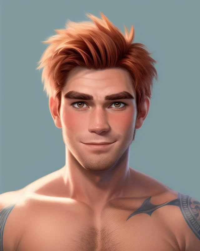 (kj apa:1.1), (mature male:1.1), portrait, upper body, pixar style, smirk, sharp focus, absurdres, masterpiece, clean plain (blue:1.2) background, (blush:1.2), brown eyes, stubble, tattoos <lora:add_detail:1>,  <lora:diffusiondudes_KJApa_V1-08:0.9>