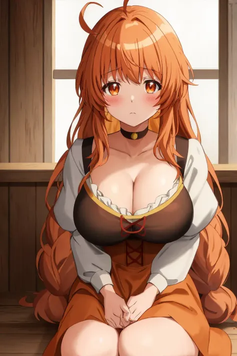 marika, anime art style, 1girl, solo, long_hair, breasts, blush, bangs, large_breasts, cleavage, collarbone, upper_body, braid, ahoge, short_sleeves, choker, puffy_sleeves, indoors, orange_hair, puffy_short_sleeves, frown, anime_coloring