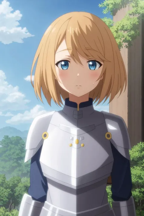 satome, anime art style, 1girl, solo, blush, short_hair, bangs, blue_eyes, blonde_hair, brown_hair, upper_body, outdoors, sky, day, cloud, sweatdrop, armor, blue_sky, parody, looking_up, shoulder_armor, breastplate