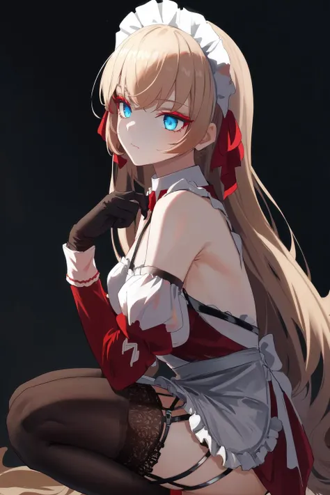 masterpiece, best quality, highres, 1girl red eyeshadow blue eyes makeup, hair ribbon maid headdress white apron detached collar bow frills detached sleeves black gloves black thighhighs lace-trimmed legwear garter straps red dress <lora:howe_pastry_princess:1> squatting, from side
