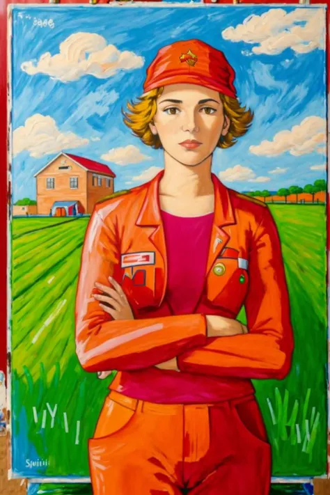 (((acrylic painting,socialist realism))),rachelaw,1girl,red clothes,baseball cap,standing in field,arms crossed, <lora:RachelAW:0.9>