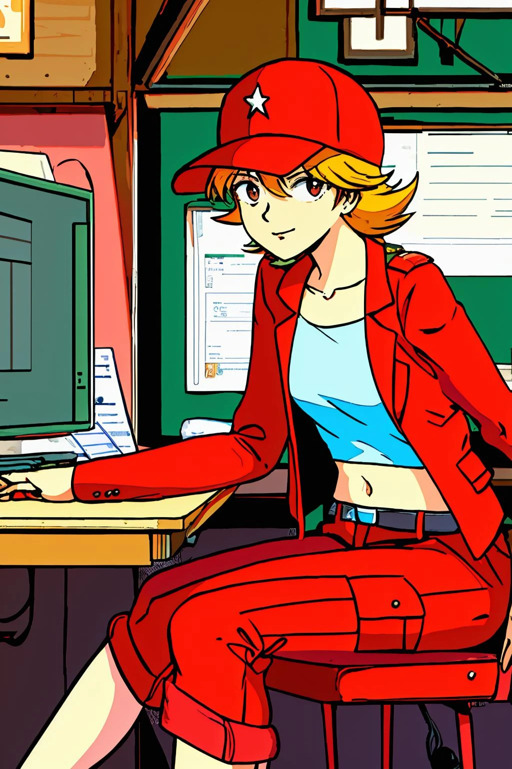 pc-98,ligne claire,(masterpiece,best quality),rachelaw,1girl,red jacket,red pants,white shirt,midriff,baseball cap,small breasts,sitting in chair,in tent,by large computer screen, <lora:RachelAW:0.8>