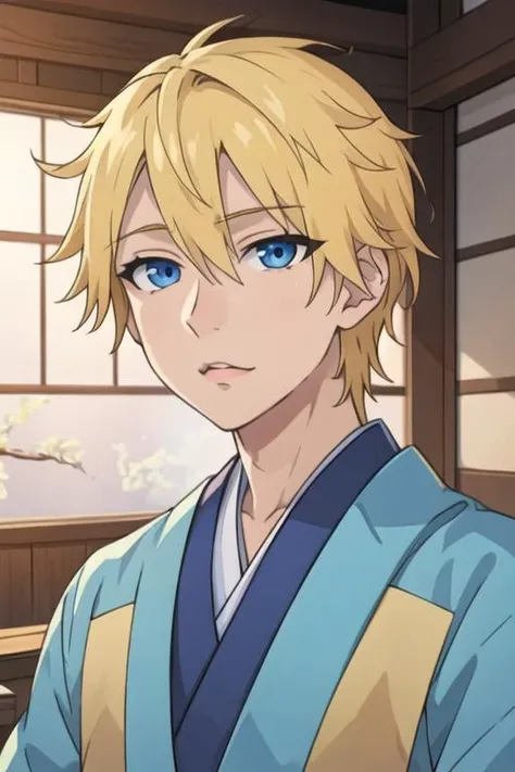 masterpiece, best quality, game cg, 1boy, solo, male focus, looking at viewer, , depth of field, <lora:itsuhito_sakaki:0.70>, itsuhito_sakaki, blonde hair, blue eyes, , feudal japan, High resolution