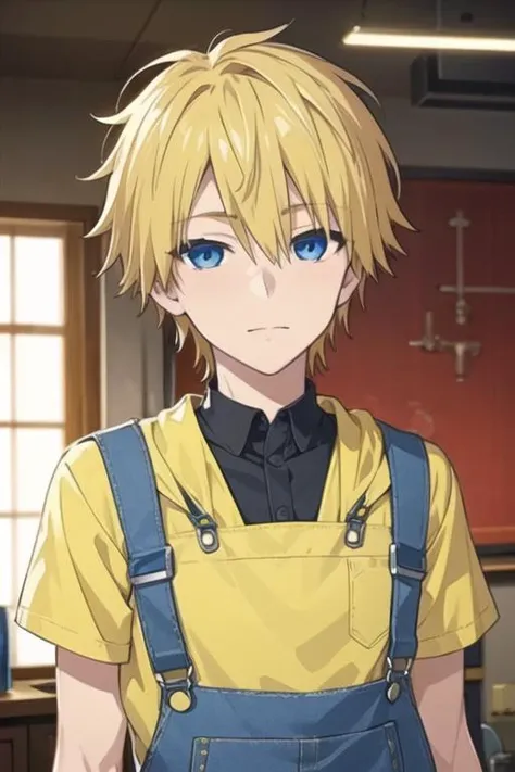 masterpiece, best quality, game cg, 1boy, solo, male focus, looking at viewer, upper body, depth of field, <lora:itsuhito_sakaki:0.74>, itsuhito_sakaki, blonde hair, blue eyes, overalls, , science fiction hard science fiction,