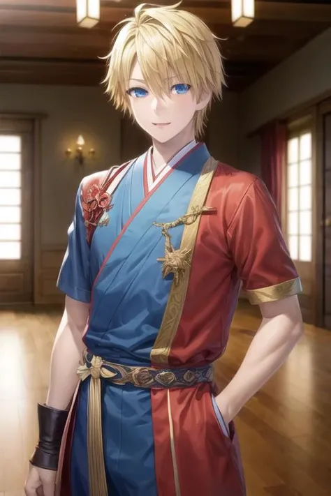 masterpiece, best quality, game cg, 1boy, solo, male focus, looking at viewer, , , <lora:itsuhito_sakaki:0.74>, itsuhito_sakaki, blonde hair, blue eyes, patriotic costume, The Isle of the Dragon,