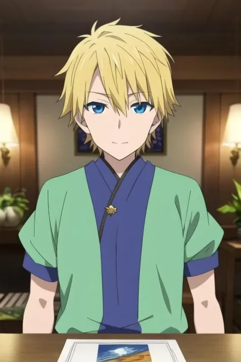 masterpiece, best quality, sketch, 1boy, solo, male focus, looking at viewer, upper body, depth of field, <lora:itsuhito_sakaki:0.74>, itsuhito_sakaki, blonde hair, blue eyes, dwarf costume, neverland: A lost island where children can stay forever young, Blu-ray