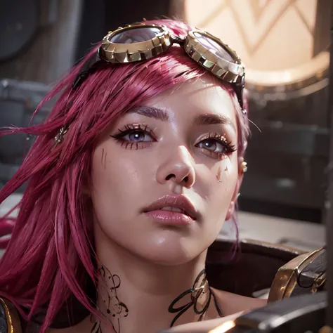 masterpiece, extremely fine and beautiful,detailed face,cute face,super detailed skin,photo realistic,cinematic,cowboy shot, 
vi, woman, gauntlets, pink hair, goggles on head, bloom, dark, glowing,  thick lips,  shiny skin, eyeliner, eyeshadow, eyelashes, lmuscular, ,
 <lora:add_detail:0.6>, <lora:more_details:0.1>  <lora:Vi:0.75>