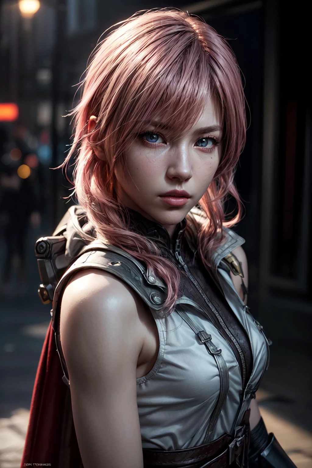 masterpiece, extremely fine and beautiful,detailed face,cute face,super detailed skin,photo realistic,cinematic,
(Planted Sword on Hand:1.2), 1girl, solo, lightning farron, sleeveless, shoulder armor, cape, skirt, fingerless gloves, (detailed face and eyes:1.3) <lora:ffxiii_lightning:0.75> <lora:GoodHands-vanilla:1>, pink hair,
vivid picture,masterpiece, (best quality:1.2),ultra-detailed,realistic,High definition,High quality,Cinematic Light,Ray tracing,ultra high res,UHD,(photorealistic:1.5),intricate details,detailed texture,finely detailed,High quality shadow, beautiful, <lora:add_detail:0.6>, <lora:more_details:1> <lora:URPMv1.3_LORA_296:0.1>