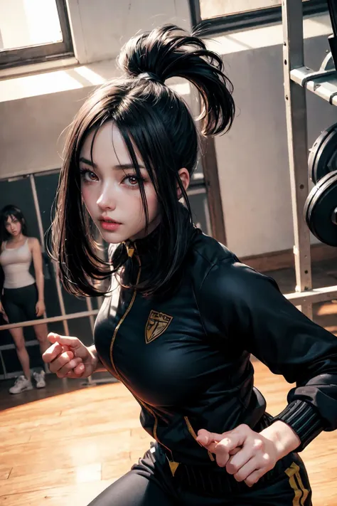 thick outlines, comics, photorealistic, perfect hands, masterpiece:1.2, training field, gym, 1girl, dynamic pose, <lora:dendra by Goofy Ai:1>, dendra pokemon, track jacket, track pants, sidelocks, black jacket, medium breast, detailed background, detailed face, detailed eyes, <lora:add_detail:0.8>
soft and warm color, movie still,bright, vivid,dreamy, evocative use of light and shadow, incredible beauty, anime style, vibrant, studio anime, beautiful, textural, ray tracing, absurdres, offical art, illustration, (((masterpiece))),(((best quality))),((ultra-detailed)),