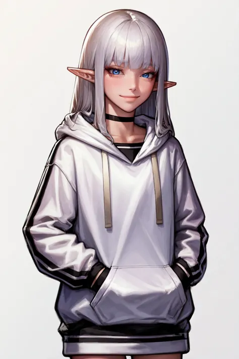 (one girl, 1girl), (solo:1.3), (light_blue_eyes:1.1), (elf, pointy ears:1.3), (white_hair:1.2), (choker:1.1), (blunt bangs, straight_hair:1.3), BREAK
standing, thighs, (flat_chest:1.3), BREAK
(white hoodie:1.3), oversized_clothes, oversized hoodie, BREAK
(white_background, simple_background:1.3), BREAK
best quality, masterpiece, detailed background, highly detailed, intricate, detailed face, long eyelashes, detailed eyes, <lora:GoodHands-vanilla:1> <lora:Kidmo-LyCoris-V2:1>