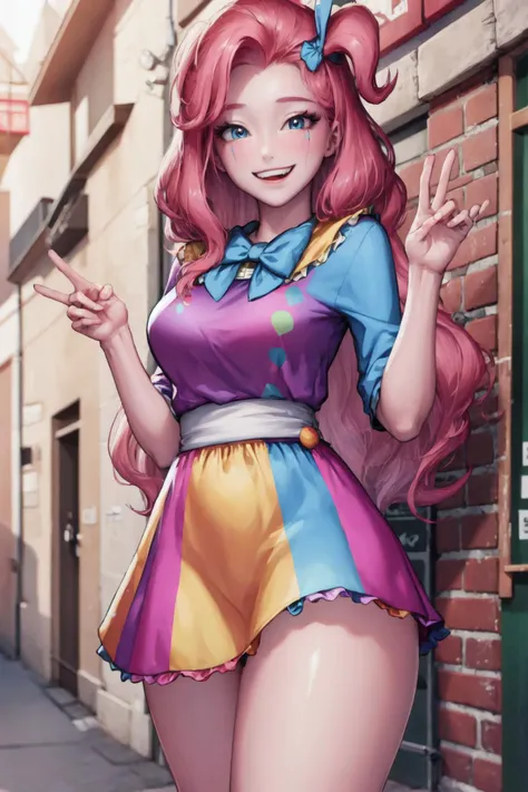 (1girl, one girl), (solo:1.3), (mlppinkiepie:1.3),pale skin, long hair, blue_eyes, (smiling, happy:1.3), (pink curly hair:1.2), BREAK
standing,(slightly chubby,wide hips,thick_thighs:1.2),, BREAK
(ClownFashion, clown atire, colorful clothing,happy pose:1.3), BREAK
(cute_background, daylight,detailed_background:1.3), BREAK
best quality, masterpiece, detailed background, highly detailed, intricate, detailed face, long eyelashes, detailed eyes, <lora:Kidmo-LyCoris-V2:1><lora:mlp_pinkiepie:0.8><lora:GoodHands-vanilla:1> <lora:ClownFashion:0.6>