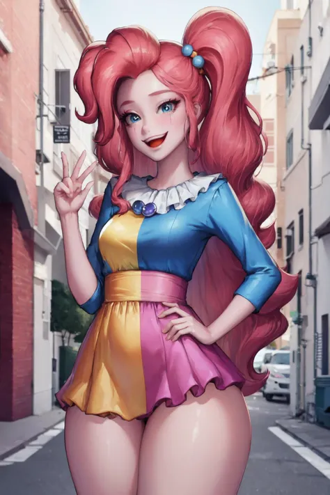 (1girl, one girl), (solo:1.3), (mlppinkiepie:1.3),pale skin, long hair, blue_eyes, (smiling, happy:1.3), (pink curly hair:1.2), BREAK
standing,(slightly chubby,wide hips,thick_thighs:1.2),, BREAK
(ClownFashion, clown atire, colorful clothing,happy pose:1.3), BREAK
(cute_background, daylight,detailed_background:1.3), BREAK
best quality, masterpiece, detailed background, highly detailed, intricate, detailed face, long eyelashes, detailed eyes, <lora:Kidmo-LyCoris-V2:1><lora:mlp_pinkiepie:0.8><lora:GoodHands-vanilla:1> <lora:ClownFashion:0.6>