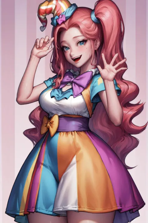 (1girl, one girl), (solo:1.3), (mlppinkiepie:1.3),pale skin, long hair, blue_eyes, (smiling, happy:1.3), (pink curly hair:1.2), BREAK
standing,(slightly chubby,wide hips,thick_thighs:1.2),, BREAK
(ClownFashion, clown atire, colorful clothing,happy pose:1.3), BREAK
(cute_background, daylight,detailed_background:1.3), BREAK
best quality, masterpiece, detailed background, highly detailed, intricate, detailed face, long eyelashes, detailed eyes, <lora:Kidmo-LyCoris-V2:1><lora:mlp_pinkiepie:0.8><lora:GoodHands-vanilla:1> <lora:ClownFashion:0.6>