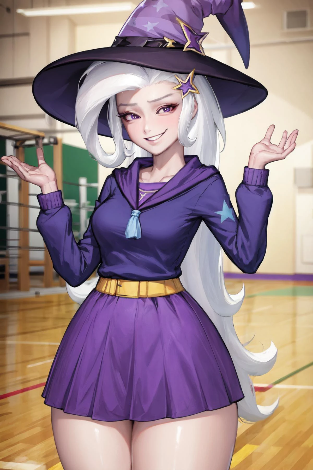 (1girl, one girl), (solo:1.3), (mlptrixie:1.3),pale skin, long hair, star hair ornament,purple_eyes, (devious smirk:1.3), (white hair:1.2), BREAK
standing,(wide hips,thick_thighs:1.2) BREAK
(witch hat,purple witch dress:1.3), BREAK
(school gym, daylight,detailed_background:1.3), BREAK
best quality, masterpiece, detailed background, highly detailed, intricate, detailed face, long eyelashes, detailed eyes, <lora:Kidmo-LyCoris-V2:1><lora:mlp_trixie:1><lora:GoodHands-vanilla:1>