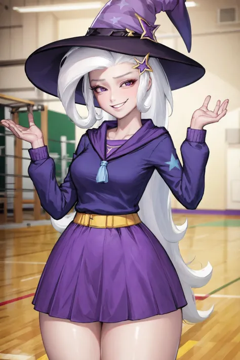 (1girl, one girl), (solo:1.3), (mlptrixie:1.3),pale skin, long hair, star hair ornament,purple_eyes, (devious smirk:1.3), (white hair:1.2), BREAK
standing,(wide hips,thick_thighs:1.2) BREAK
(witch hat,purple witch dress:1.3), BREAK
(school gym, daylight,detailed_background:1.3), BREAK
best quality, masterpiece, detailed background, highly detailed, intricate, detailed face, long eyelashes, detailed eyes, <lora:Kidmo-LyCoris-V2:1><lora:mlp_trixie:1><lora:GoodHands-vanilla:1>