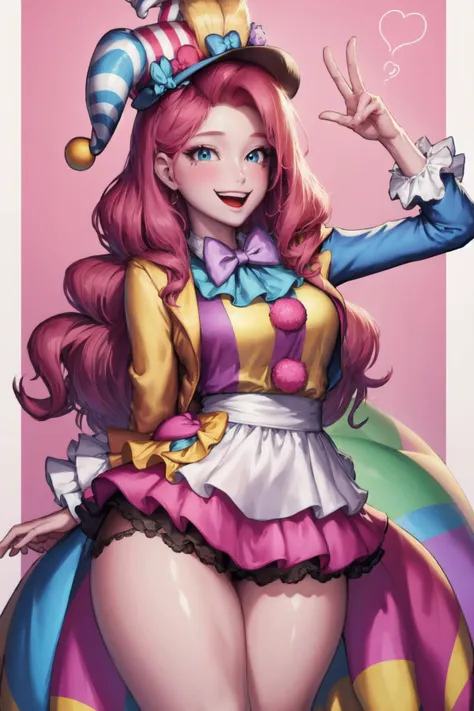 (1girl, one girl), (solo:1.3), (mlppinkiepie:1.3),pale skin, long hair, blue_eyes, (smiling, happy:1.3), (pink curly hair:1.2), BREAK
standing,(slightly chubby,wide hips,thick_thighs:1.2),, BREAK
(ClownFashion, clown atire, colorful clothing,happy pose:1.3), BREAK
(cute_background, daylight,detailed_background:1.3), BREAK
best quality, masterpiece, detailed background, highly detailed, intricate, detailed face, long eyelashes, detailed eyes, <lora:Kidmo-LyCoris-V2:1><lora:mlp_pinkiepie:0.8><lora:GoodHands-vanilla:1> <lora:ClownFashion:0.6>