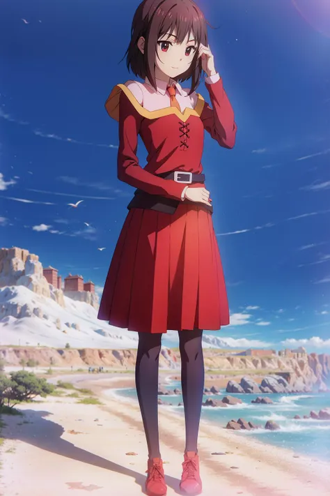 small breasts, tall girl, full body, anime style, skirt, stockings, sweater, <lora:Bakuen_megumin_v3:0.8> megumin,