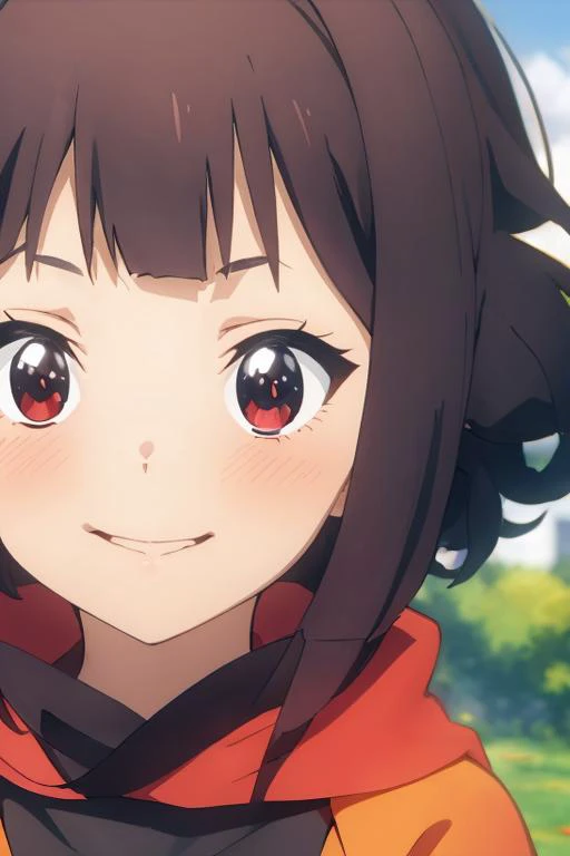 (masterpiece, best quality:1.1), 1girl, solo, megumin, <lora:Bakuen_megumin (young):0.8>, , orange cloths, full-face blush, face up
