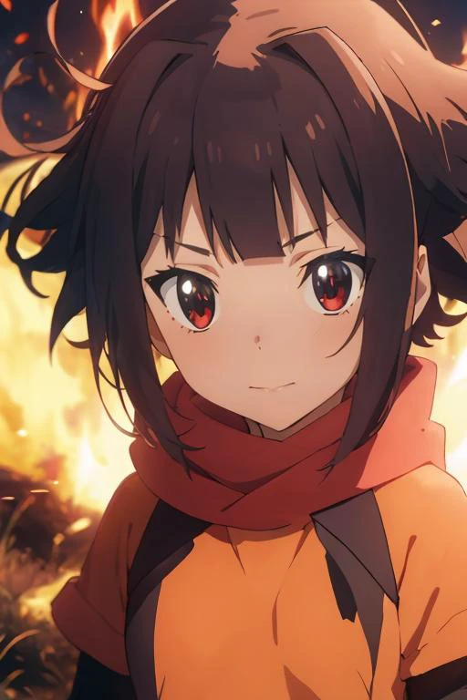 (masterpiece, best quality:1.1), 1girl, solo,  megumin, <lora:Bakuen_megumin (young):0.8>, child, orange cloths,  face up,  serious, fire effect