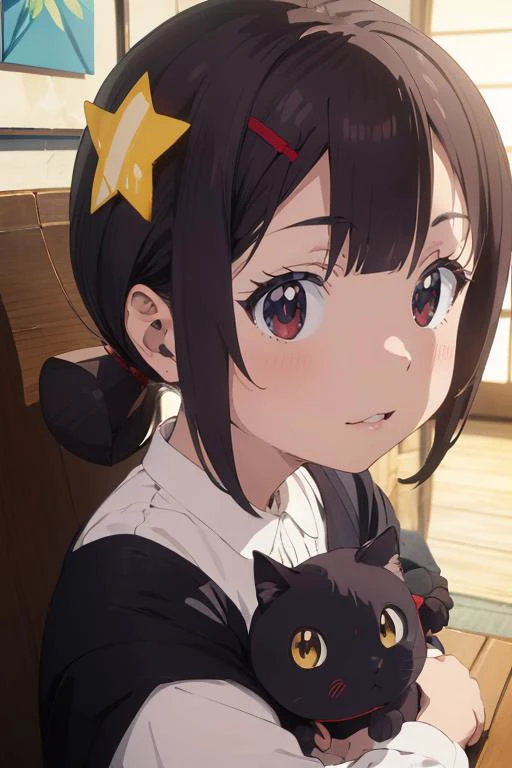masterpiece, best quality, 1girl, komekko, <lora:Bakuen_komekko_new:0.7>, hair ornaments, holding a stuffed black cat