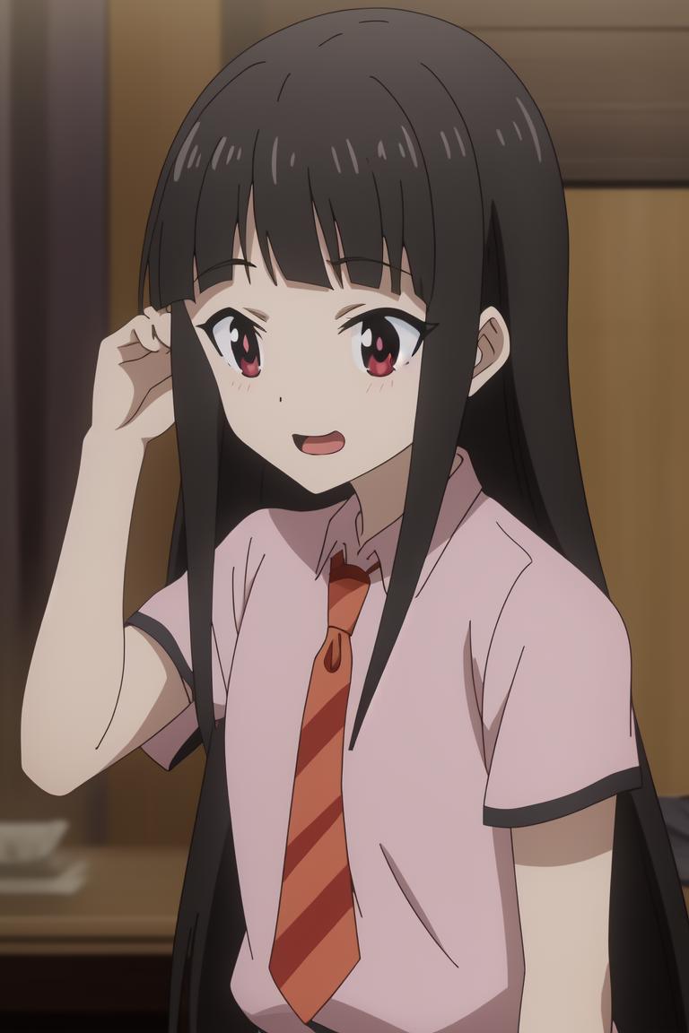 Anime girl with long black hair wearing a pink shirt and tie - SeaArt AI
